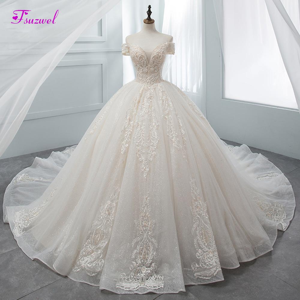 Fsuzwel Gorgeous Appliques Chapel Train Ball Gown Wedding Dresses 2019 Luxury Beaded Boat Neck Princess Bridal Gowns Plus Size