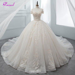 Fsuzwel Gorgeous Appliques Chapel Train Ball Gown Wedding Dresses 2019 Luxury Beaded Boat Neck Princess Bridal Gowns Plus Size
