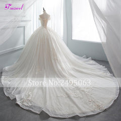 Fsuzwel Gorgeous Appliques Chapel Train Ball Gown Wedding Dresses 2019 Luxury Beaded Boat Neck Princess Bridal Gowns Plus Size