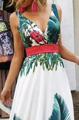 Lady Summer Holiday Floral Beach Boho Maxi V Neck Print Dress Evening Party Sundress