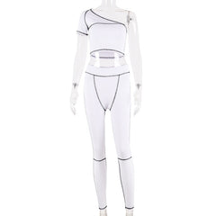 Simenual Sporty Fashion Active Wear Black Fitness Tracksuits One Shoulder 2 Piece Set Women Workout Crop Top And Leggings Sets