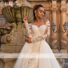 Ashley Carol Sexy Sweetheart Long Sleeve Mermaid Wedding Dress 2019 Detachable Train 2 In 1 Wedding Gowns Vestido De Noiva