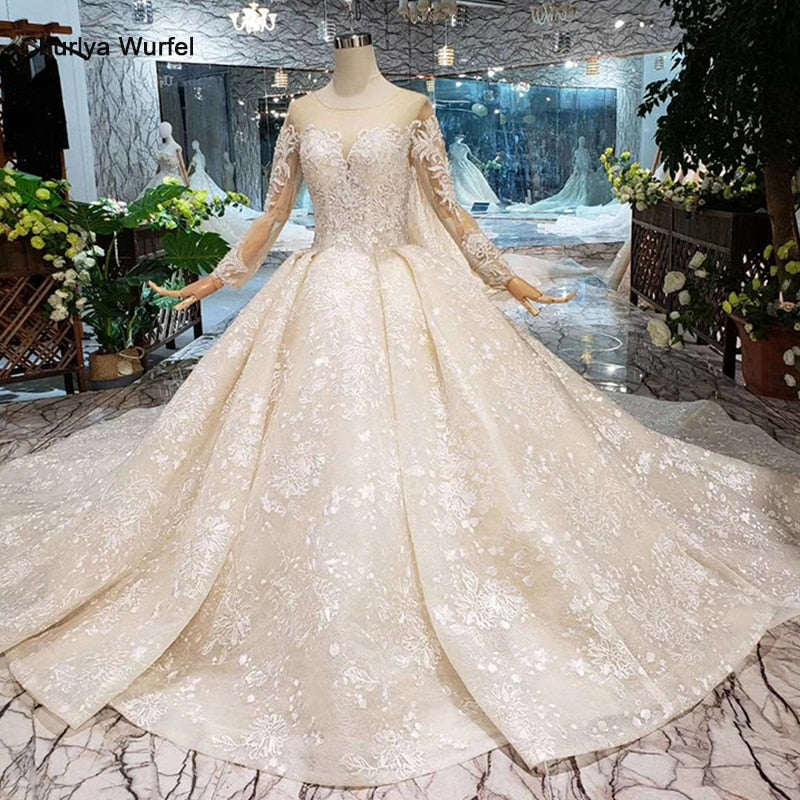 LS20479 Simple vintage Wedding Dress with wedding veil full sleeve button back o neck champagne bridal lace dress wedding gown