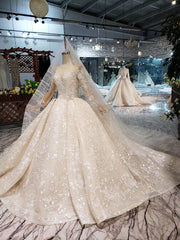 LS20479 Simple vintage Wedding Dress with wedding veil full sleeve button back o neck champagne bridal lace dress wedding gown