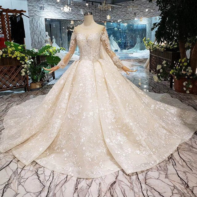 LS20479 Simple vintage Wedding Dress with wedding veil full sleeve button back o neck champagne bridal lace dress wedding gown
