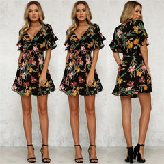 New Fashion Women's Boho V Neck Short Sleeve Dress Floral Printed Slim Dress