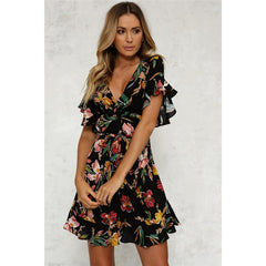 New Fashion Women's Boho V Neck Short Sleeve Dress Floral Printed Slim Dress