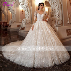 Fsuzwel Gorgeous Appliques Chapel Train Lace Ball Gown Wedding Dress 2019 Sexy Scoop Neck Long Sleeve Beaded Princess Bride Gown