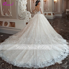 Fsuzwel Gorgeous Appliques Chapel Train Lace Ball Gown Wedding Dress 2019 Sexy Scoop Neck Long Sleeve Beaded Princess Bride Gown