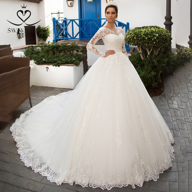 Swanskirt Detachable Long Sleeve Wedding Dress 2019 Scoop Appliques Lace Ball Gown Vintage Princess Bride Vestido de Noiva K201