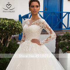 Swanskirt Detachable Long Sleeve Wedding Dress 2019 Scoop Appliques Lace Ball Gown Vintage Princess Bride Vestido de Noiva K201