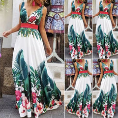Lady Summer Holiday Floral Beach Boho Maxi V Neck Print Dress Evening Party Sundress