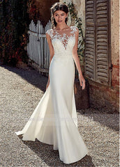 Modest Soft Satin Bateau Neckline Mermaid Wedding Dresses With Lace Appliques Sheer Bridal Dress Illusion Back