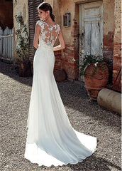 Modest Soft Satin Bateau Neckline Mermaid Wedding Dresses With Lace Appliques Sheer Bridal Dress Illusion Back