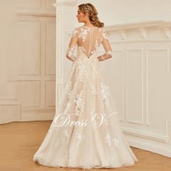 Dressv elegant scoop neck 3/4 sleeves lace wedding dress appliques button floor length bridal outdoor&church wedding dresses