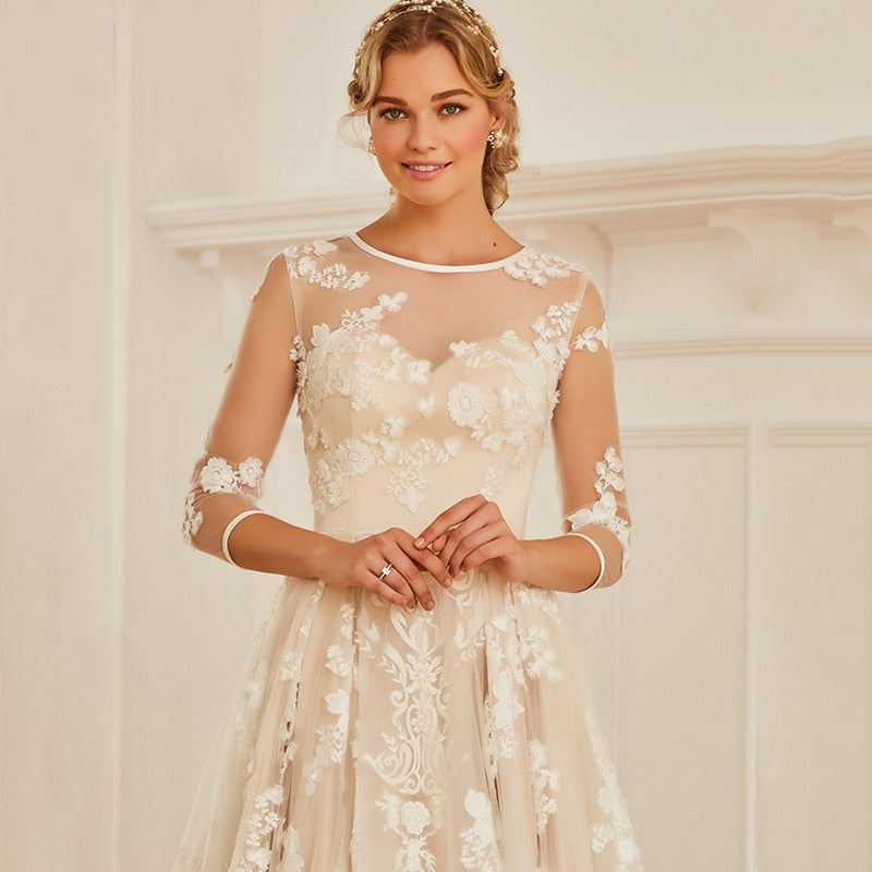 Dressv elegant scoop neck 3/4 sleeves lace wedding dress appliques button floor length bridal outdoor&church wedding dresses