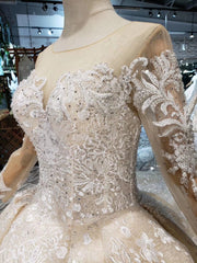 LS20479 Simple vintage Wedding Dress with wedding veil full sleeve button back o neck champagne bridal lace dress wedding gown