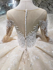 LS20479 Simple vintage Wedding Dress with wedding veil full sleeve button back o neck champagne bridal lace dress wedding gown