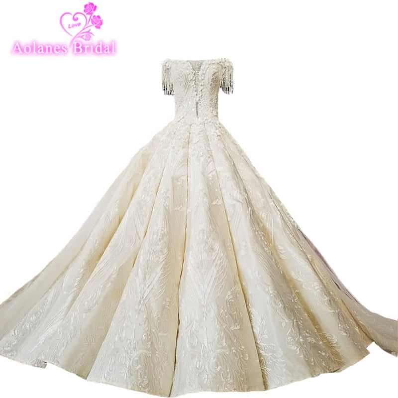 AOLANES 2018 Champagne Lace Sleeveless Bridal Gowns Long Train Lace Up Ball Gown Vintage Wedding Dresses Vestido De Noiva