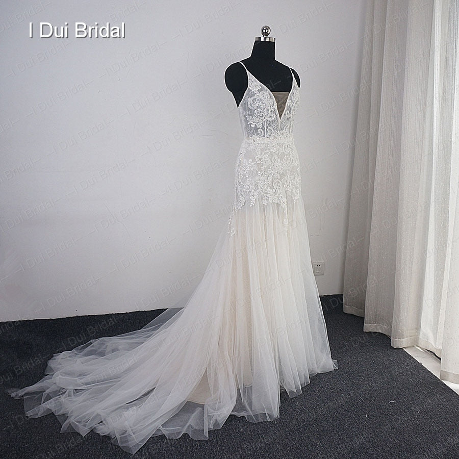 Sheath Boho Wedding Dress Champagne Lining Lace Appliqued Beaded Bridal Gown Beach Wedding Light Dress