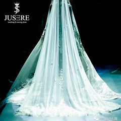 Luxury Beading Flowers Bridal Dress Cathedral Long Train V Neckline Illusion Long Sleeves Big A line Bridal Wedding Dress 2019