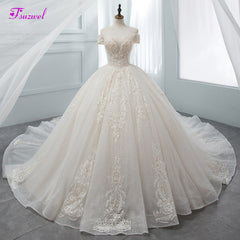 Fsuzwel Gorgeous Appliques Chapel Train Ball Gown Wedding Dresses 2019 Luxury Beaded Boat Neck Princess Bridal Gowns Plus Size