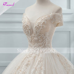 Fsuzwel Gorgeous Appliques Chapel Train Ball Gown Wedding Dresses 2019 Luxury Beaded Boat Neck Princess Bridal Gowns Plus Size