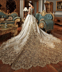 High-End Custom Royal Classic Court Wedding Dress Champagne Imported Satin Hollow Embroidery Muslim Wedding Gown Robe De Mariee
