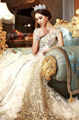 High-End Custom Royal Classic Court Wedding Dress Champagne Imported Satin Hollow Embroidery Muslim Wedding Gown Robe De Mariee
