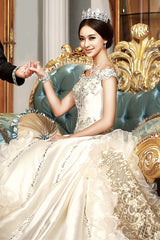 High-End Custom Royal Classic Court Wedding Dress Champagne Imported Satin Hollow Embroidery Muslim Wedding Gown Robe De Mariee