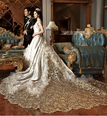 High-End Custom Royal Classic Court Wedding Dress Champagne Imported Satin Hollow Embroidery Muslim Wedding Gown Robe De Mariee