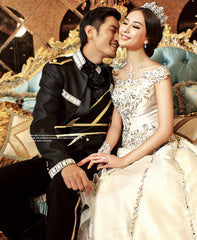 High-End Custom Royal Classic Court Wedding Dress Champagne Imported Satin Hollow Embroidery Muslim Wedding Gown Robe De Mariee
