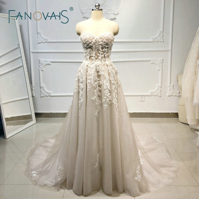 Beach Boho Wedding Dresses 2019 Beaded Crystal Lace Vestido de Novia Longo gelinlik vestido casamento robe de mariee