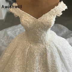 Custom Made Princess Ball Gown Wedding Dress Lace V-neck Off The Shoulder Elegant Arabic Beaded Wedding Gowns vestido de noiva
