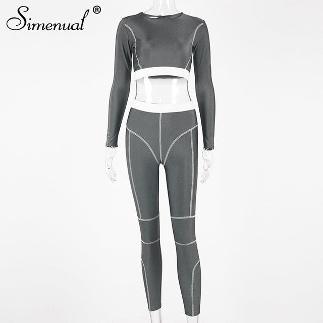 Simenual Fitness Sporty Active Wear Tracksuits Women Casual Fashion Workout 2 Piece Sets Long Sleeve Top And Leggings Set Solid