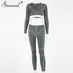 Simenual Fitness Sporty Active Wear Tracksuits Women Casual Fashion Workout 2 Piece Sets Long Sleeve Top And Leggings Set Solid