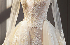 Waulizane Chic Organza Bridal Gowns Exquisite Embroidery Appliques O-Neck 2 In 1 Detachable Train Wedding Dress Customize Made