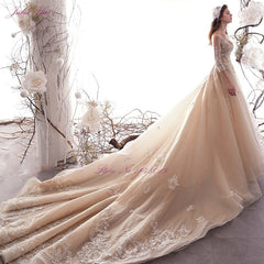 Julia Kui New Arrival Shiny Beading Pearls Appliques Lace Bridal Dress Scoop A-line Wedding Dress Chapel Train Vestido de noiva