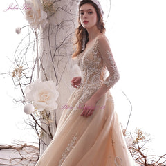 Julia Kui New Arrival Shiny Beading Pearls Appliques Lace Bridal Dress Scoop A-line Wedding Dress Chapel Train Vestido de noiva