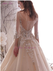 Julia Kui New Arrival Shiny Beading Pearls Appliques Lace Bridal Dress Scoop A-line Wedding Dress Chapel Train Vestido de noiva