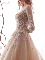 Julia Kui New Arrival Shiny Beading Pearls Appliques Lace Bridal Dress Scoop A-line Wedding Dress Chapel Train Vestido de noiva