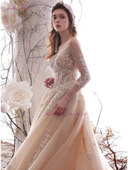 Julia Kui New Arrival Shiny Beading Pearls Appliques Lace Bridal Dress Scoop A-line Wedding Dress Chapel Train Vestido de noiva