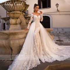 Ashley Carol Sexy Sweetheart Long Sleeve Mermaid Wedding Dress 2019 Detachable Train 2 In 1 Wedding Gowns Vestido De Noiva