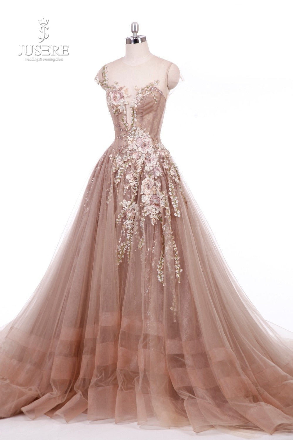 2019 Jusere High End Real Photos Champagne Beaded Appliques Decor Evening Dress Elegant Lace Floor Length Gowns