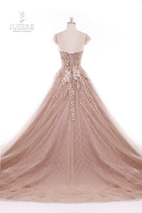 2019 Jusere High End Real Photos Champagne Beaded Appliques Decor Evening Dress Elegant Lace Floor Length Gowns
