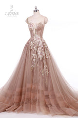2019 Jusere High End Real Photos Champagne Beaded Appliques Decor Evening Dress Elegant Lace Floor Length Gowns