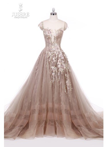 2019 Jusere High End Real Photos Champagne Beaded Appliques Decor Evening Dress Elegant Lace Floor Length Gowns