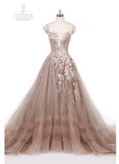 2019 Jusere High End Real Photos Champagne Beaded Appliques Decor Evening Dress Elegant Lace Floor Length Gowns