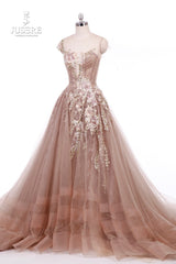 2019 Jusere High End Real Photos Champagne Beaded Appliques Decor Evening Dress Elegant Lace Floor Length Gowns