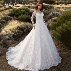 Ashley Carol Appliques V-neck Tulle Wedding Dresses Long Sleeve Court Train Bridal Dress Backless Wedding Gowns Vestido De Noiva
